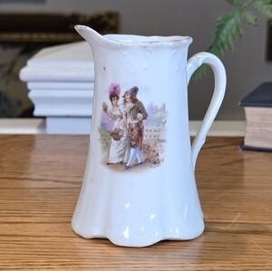 Antique Victorian Courting Couple Porcelain Creamer - Ornate Scalloped Jug 4.5"